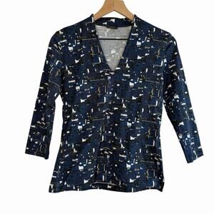 AKRIS Womens Chefchaouen Print Shirt Top Navy Blue 8 Buildings City Geometric
